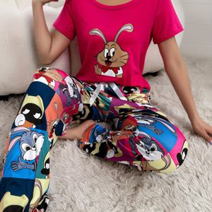 TEMU 카툰 동물이 있는 반팔과 긴 바지가 있는 여성용 캐주얼 잠옷 세트