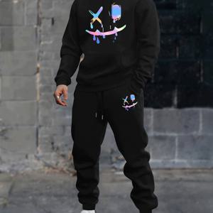 TEMU 웃는 얼굴 프린트 남성용 다용도 트렌디 롱 슬리브 후드티 & 캐주얼 팬츠 아웃핏, 후드 스웨트셔츠와 스웨트팬츠 2피스 세트, 봄/가을 야외용
