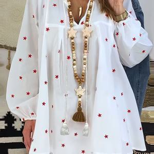 TEMU 여성용 캐주얼 V넥 폴리에스테르 셔츠, 드로스트링, 100% 폴리에스테르, 올시즌 직조 상의, 랜덤 프린트, 스트레치되지 않는 소재, 120g/m² - 패션 오버사이즈 블라우스