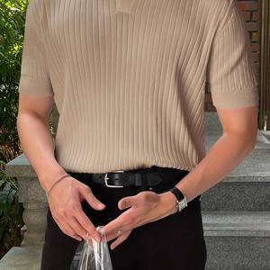 TEMU 2024년 신상 남성용 소형 홀 반팔 폴로 셔츠 니트 스웨터 - 베이지, 중간 스트레치, 단색, 레귤러 핏, 사계절 캐주얼 웨어, 스타일, 니트 제작, 스웨터 조끼|반팔셔츠