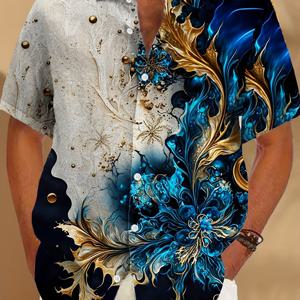 TEMU 남성용 하와이 꽃 프린트 반팔 셔츠, 버튼 포켓 포함 - 청색과 금색 꽃 디자인, 성인용 캐주얼 여름 셔츠, 캐주얼 여름 의류 | 청색과 금색 꽃 프린트 셔츠 | 폴리에스터 소재