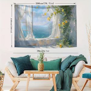 TEMU 1개 꽃무늬 창문 태피스트리 - 우아한 복숭아 피부 벨벳 장식 벽걸이, 평온한 해안 풍경, 85gsm 폴리에스터 원단, 거실, 침실 또는 파티 배경, 실내 장식에 완벽, 생동감 있는 벽 예술, 장식 드레이퍼리, 방 장식