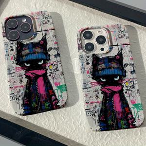 TEMU 블랙 캣 페인터 충격 흡수 및 트렌디한 보호 모바일 폰 하드 케이스, iPhone16 15 14 11 Pro Max XR XS Max Plus에 적합, 남녀 공용 보호 커버 선물