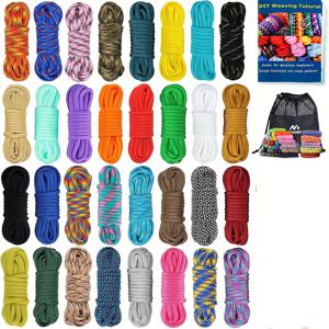 TEMU 32개 컬러 나일론 로프 세트, DIY 팔찌 만들기 키트(설명서 포함), 애완동물 칼라 짜기 용품, 야외 캠핑 및 하이킹 장비, 마그네슘 스트라이커 제외, 인장 강도 122파운드.