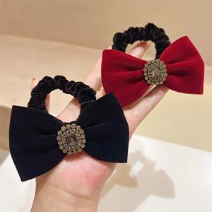 TEMU 2pcs 벨벳 보우노트 헤어 타이 세트, 우아한 스타일, 블랙과 레드와 라인 스톤 액센트, 여성용 달콤한 헤어 액세서리, 업도 및 포니테일용 헤어밴드 및 헤드밴드, 듀얼 톤 프린트 디자인