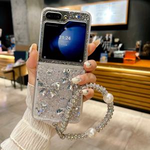 TEMU 삼색 투명 글리터 드롭 글루 보우 접이식 모바일 폰 케이스, 삼성 전체 커버용 방지 낙하 보호 케이스, 창의적이고 심플한 니치 제품, 갤럭시 Z Flip3, 갤럭시 Z Flip4, 갤럭시 Z Flip5, 갤럭시 Z Flip6용