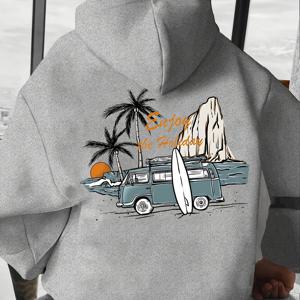 TEMU 남성용 코코넛 트리 프린트 플리스 안감 후드티 - 캐주얼 & 스포티, 루즈핏 풀오버 가을/겨울용