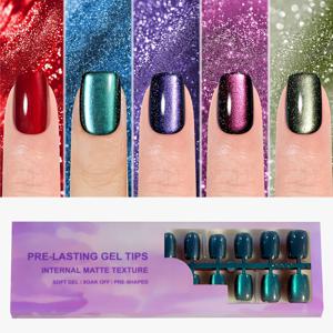 TEMU 150개 혼합 컬러 시스템 쇼트 스퀘어 캣아이 푸쉬온 인조 손톱, 스트로브 마감 처리 프리-라스팅 젤 팁, 여성과 소녀를 위한 세련된 네일 아트 장식, 5가지 색상 제공