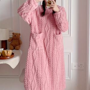 TEMU 여성용 아늑한 플리스 안감 장수 니트가운 - 따뜻한 퀼트 자카드 패턴, 리브드 커프 & 포켓, 크루 넥, 가을/겨울용 캐주얼 홈웨어, 편안한 루즈웨어, 부드러운 질감 의류|가을원피스