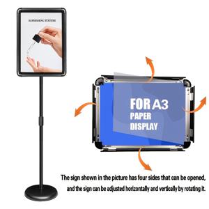 TEMU A3 간판 1개, 디스플레이 보드, 디스플레이 스탠드, 간판은 회전 및 높이 조절 가능, 수평 및 수직 사용 모두에 적합, 물 또는 모래를 채울 수 있는 무게추 물병 포함, 단면 디스플레이.