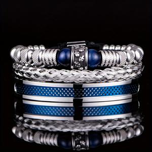 TEMU 3개 남성용 팔찌 세트 (스테인리스 스틸, 수제 직조 체인, 원형 스테인리스 스틸 해골 비즈 팔찌, 호랑이 눈석 액세서리 포함)