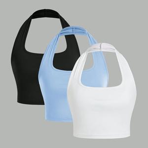 TEMU 여성용 할터 디자인의 블랙, 블루, 화이트 3피스 세트