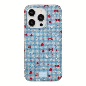 TEMU 아이폰 11 12 13 프로 맥스용 반투명 블루 체크 레드 스타 스팽글 케이스