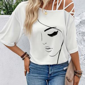 TEMU 오프숄더/보트넥 숏 슬리브 티셔츠 드레스 - 크로스 스트랩, H-라인 실루엣, 사계절 세탁 가능 블라우스, 캐주얼 & 드레시 룩, 엘레강트 스페셜 라인 컬렉션 (구매자 개발 스타일) - 논패딩