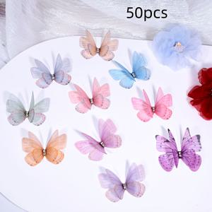 TEMU 소프트 핑크 투명 나비 장식 50개 세트, DIY 공예품, 네일 아트, 헤어 액세서리 및 사진 소품에 적합한 3D 패브릭 시뮬레이션 나비
