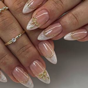 TEMU 10개 세트 핸드메이드 아몬드 프레스온 네일 - 핑크 광택, 미디엄 길이 리본 & 체인 잠금 네일 아트 (손/발용) - 살롱 퀄리티 DIY 인조 네일