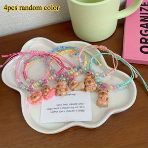 TEMU 귀여운 카피바라 비즈 팔찌 세트 4개, 혼합 색상 레진 비즈, 동물 테마 플로랄 참, 다기능 주얼리