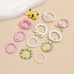 TEMU 스타일 꼬임 캔디 컬러 쌀알 꽃 사랑 리본 나비 반지 세트 12개/세트, 랜덤 쌀알 색상