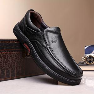 TEMU 남성용 정품 가죽 슬립온 슈즈 - 풀그레인 소가죽 로우탑 드레스 & 캐주얼 옥스포드, 블랙 라운드토 올시즌 다용도 로퍼, 비즈니스, 아웃도어 & 캐주얼 복장용 고무 밑창 (끈 없음)|단화