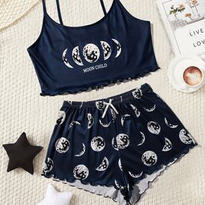 TEMU 여성용 달과 은하를 위한 갤럭시 프린트 캐미 탑 & 반바지 세트 - 해군 파란색, 흰색 크레센트 달 디자인, 별로의 액센트가 있는 캐주얼 잠옷, 폴리에스터 블렌드, 모든 계절의 편안함, 달 장식
