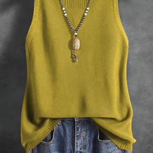 TEMU 봄가을 심플 솔리드 컬러 민소매 니트 조끼, 라운드넥 캐주얼 니트 조끼