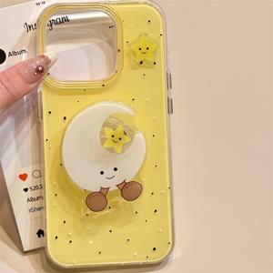 TEMU 아이폰 11 12 13 프로 맥스용 투명 화이트 라이트 페인트 옐로우 배경 솔리드 컬러 스플래시 잉크 케이스, 입체 별 및 회전 스타 홀더 포함