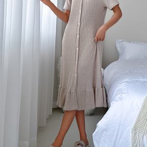 TEMU 우아한 V넥 반팔 버튼업 나이트가운 드레스 - 단색, 리브드 텍스처, 프릴 헴, 라이트 그레이, 성인에게 완벽한 올시즌 잠옷, 편안한 나이트 드레스 | 리브드 텍스처 드레스 | 부드러운 표면 드레스