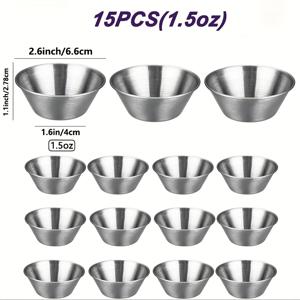 TEMU 15개입 고품질 스테인리스 스틸 조미료 컵, 재사용 가능한 금속 소형 접시, 2.5온스(80ml) 소량 조미료용 상업 등급 조미료 컵 (케첩용) 및 1.5온스(50ml) 딥프 소스용 - 가정 및 레스토랑 사용에 적합