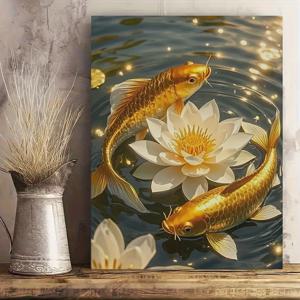TEMU 1pc Koi Carp & for Lotus 프레임 캔버스 아트 - 우아한 금색 코이 물고기, 11.81x15.75 인치, 수직 목재 프레임, 거실, 침실, 복도 장식에 이상적, 완벽한 휴일 선물, 거실 장식 | 아트 데코 스타일 | 프레임 캔버스 프린트, 코이 연못 장식