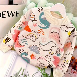 TEMU 남아용 핑크 만화 3D 공룡 기모 안감 두꺼운 스웨터 - 부드럽고 따뜻한 겨울 풀오버, 긴소매, 라운드넥, 남아용 포근한 가을 & 겨울 의상, 니트, 남아용 겨울옷