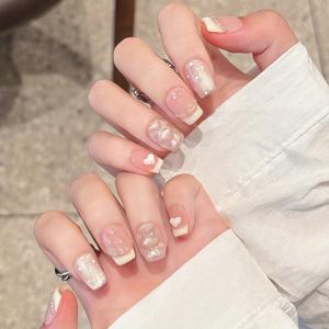 TEMU 10개 프렌치 프레스온 네일 - 엠보싱 하트 & 라인스톤 디자인 짧은 스퀘어 인조 손톱, 광택 마감 재사용 가능한 혼합 파스텔 컬러, 손과 발용 쉬운 애플리케이션 네일 아트, 캐주얼 의상용 네일 액세서리, 우아한 네일 디자인, 라인스톤 장식