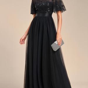 TEMU 여성용 우아한 정장 이브닝 가운 - 라운드 넥, 시퀸 자수, 플리츠 디테일, 플레어드 숏 슬리브, 하이웨이스트, 롱 길이, 베이지/라이트 브라운, 결혼식 및 공식 행사에 완벽, 웨딩 게스트 의상 | 플리츠 디테일 가운 | 복잡한 자수