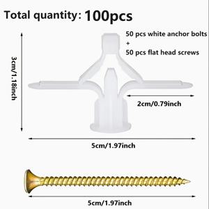 TEMU 건식벽 및 중공 벽 앵커 세트, 50개/100개, 플라스틱 확장 파이프, 나비형 중공 벽돌 자가 태핑 확장 플러그, 시멘트 벽 천장 및 시멘트 보드용