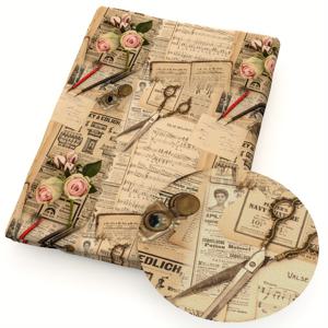 TEMU 빈티지 영국 스타일 인조 황마 프린트 패브릭 - 17.7x19.68인치 (45x50cm) 폴리에스터 공예용 원단, 플로럴 & 악보 신문 프린트 DIY 패치워크, 스크랩북킹, 홈 데코 - 핸드메이드 텍스처 디자인, 재봉틀용, 창의적인 크래프팅, 섬세한 프린팅, 꽃무늬 디자인