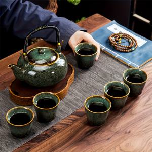 TEMU 7피스 가마에서 제작된 세라믹 그린 핸들 찻주전자 세트 (필터 포함, 1개 주전자 + 6개 컵) - 가족 모임/야외/선생님/아버지/동료/지도자/차 애호가를 위한 선물용