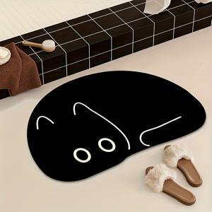 TEMU 귀여운 고양이 테마 미끄럼방지 욕실 매트 - 부드러운 규조토 & 폴리에스터 흡수성 블랙 & 화이트 카툰 디자인, 빠른 건조 쉬운 세척 안전 및 장식용 샤워 매트, 욕실용 러그