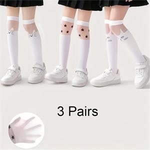 TEMU 1/3 쌍 소녀용 만화 패턴 오버더니 양말 - 부드럽고 신축성 좋은, 봄/여름/가을 착용에 적합한 청소년용