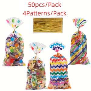 TEMU 50개씩 4가지 색상의 무지개 선물 캔디가 있는 평평한 가방과 매듭이 있는 패키지