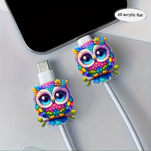 TEMU 2D 아크릴 플랫 2pcs 귀여운 컬러풀 올빼미 패턴 케이블 보호기, 파손 방지, Type-C//아이폰 호환, 아름답고 내구성 있는 파손 방지 충전 케이블 커버, 아름답고 내구성 있는, 크리스마스 선물
