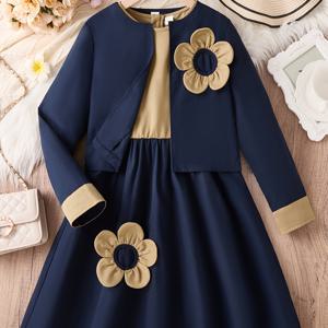 TEMU 소녀용 리틀 프레시 재킷 드레스 세트, 3D 꽃 장식 민소매 컬러 블록 선드레스 투피스 세트, 독특한 디자인 쇼츠 코트 아웃핏