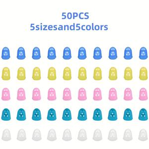 TEMU 50개 기타 손가락 패드, 5가지 사이즈 실리콘 손가락 보호대, 5가지 색상 미끄럼 방지 손가락 패드, 기타 연주에 적합, 남성 및 여성용 번호 스티칭 종이, 홈 오피스 용품