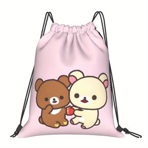 TEMU ZLIENSZUS 파스텔 핑크 드로스트링 백팩 - 귀여운 애니메 가방 (브라운 & 베이지 곰), 머신 워시 가능, 학교/쇼핑용 일상 가방, 애니메 팬 및 일본 팝컬처 애호가를 위한 완벽한 아이템, 여행용, 스포티트리프 디자인, 내구성 강화, 컴팩트 캐리어, 카와이 매력
