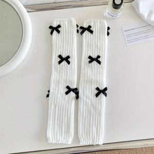 TEMU 1켤레 십대 발레 스타일 리본 액센트 양말 | 중간 길이 겨울 따뜻함, 우아한 일본 스타일 스태킹 니하이 레그 워머, 귀여운 양말, 리본 매듭 장식, 니트 및 엘라스테인 원단, 올 시즌 착용, 십대용