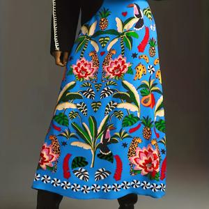 TEMU 여성용 트로피컬 프린트 맥시드레스 - 이너웨이스트 & 퍼퍼소매, 생기 넘치는 블루 히비스커스와 야자수잎 디자인, 해변룩부터 캐주얼까지 세미포멀한 착용감의 올시즌형 맥시드레스 (청록색과 레트로 스타일)