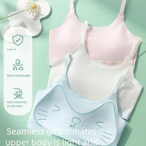TEMU 3pcs 세트, 소녀용 사각컵 이너웨어, 학생용 스트랩리스 베스트, 무봉제와 편안한 캐릭터 고양이 디자인의 여아용 속옷, 통기성 있는 운동복