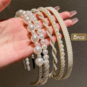 TEMU 5개 세트 우아한 여성용 헤어 액세서리 - 진주 & 비즈 디자인의 미끄럼 방지 헤어밴드, 데이, 결혼식, 파티용 다용도 헤어 클립 - 여성용 내구성 있는 플라스틱 헤어 액세서리, 웨딩 헤어 액세서리, 파티 헤어 액세서리, 세련된 스타일, 안전한 핏 헤어밴드, 여성용 헤어밴드, 헤어밴드, 클립/클램프가 있는 헤어밴드