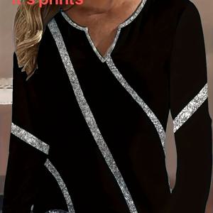 TEMU 여성용 우아한 은색 글리터 V넥 긴팔 티셔츠 - 반짝이는 디테일이 있는 캐주얼 시크 탑, 캐주얼 외출, 파티 & 축제에 완벽, 축제 의상 | 반짝이는 디테일 셔츠 | 신축성 있는 원단