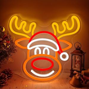 TEMU 밝기 조절 가능 LED 네온 크리스마스 간판 - USB 전원 벽걸이형 장식, 축제 분위기의 사슴 & 산타 모자 디자인, 침실, 파티 또는 선물용 멀티 컬러 플라스틱 조명, 크리스마스 장식