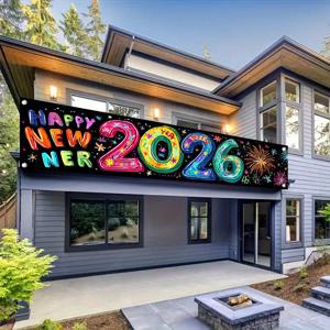 TEMU 2D 평면, 1개 행복한 2026 새해 배너 (풍선, 불꽃놀이 & 2026 숫자 포함) - 대형 내구성 실내/야외 파티 장식, 2026 생일, 기념일, 집들이 용 - 전기 필요 없음, 쉬운 설치 새해 파티 장식, 2D 평면