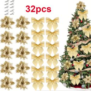 TEMU 32개 반짝이는 크리스마스 트리 장식품 컬렉션: 클립이 달린 인조 산딸기 꽃, 크리스마스 및 새해용 보가니아리아 장식, 반짝이는 마감의 원형 장식, 크리스마스 트리 및 화환에 이상적.